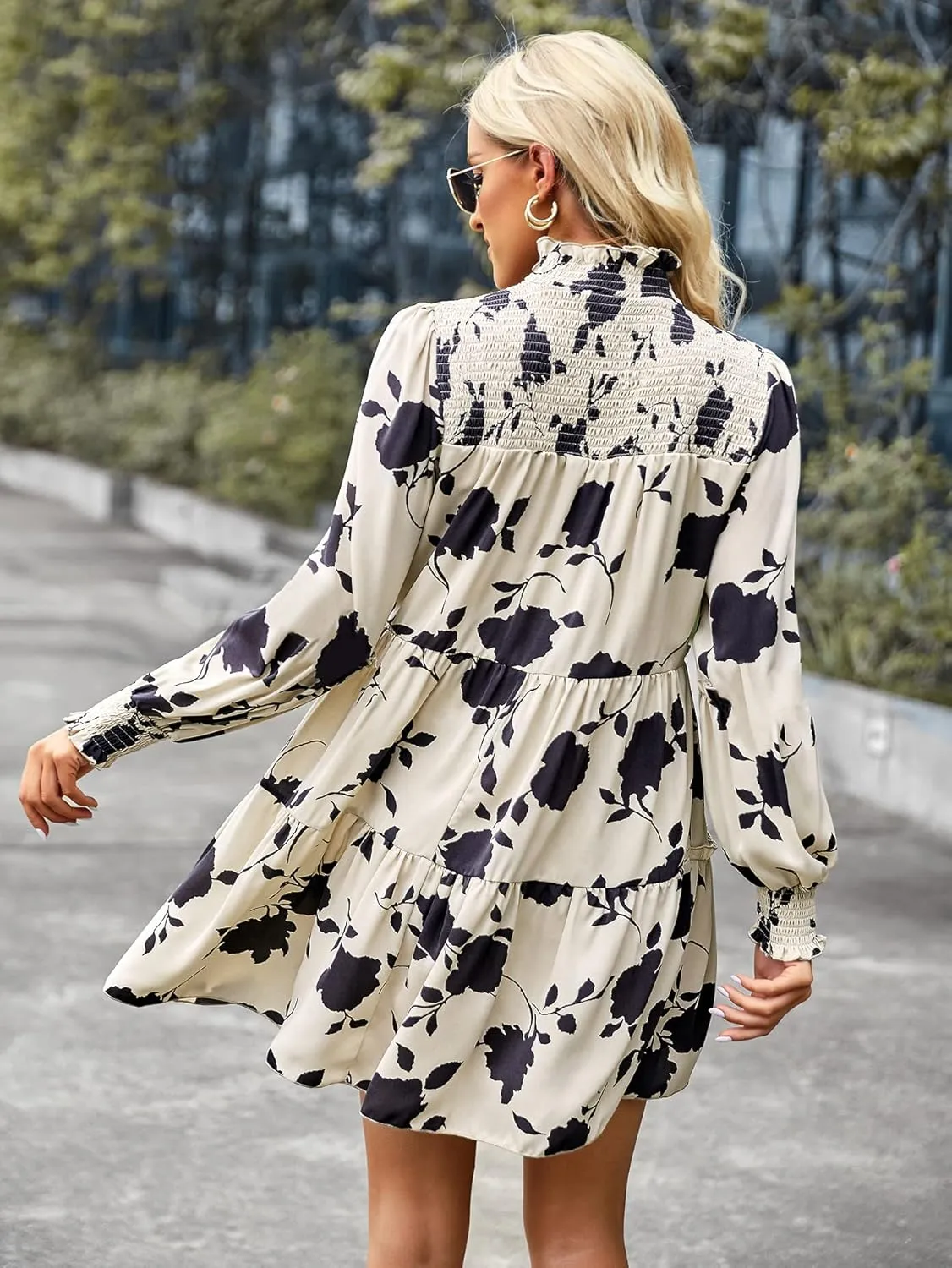 YOXUA Women's Mock Neck Casual Dress, Long Sleeve Floral Printed Shirred Front Ruffle Hem Mini Short Dress