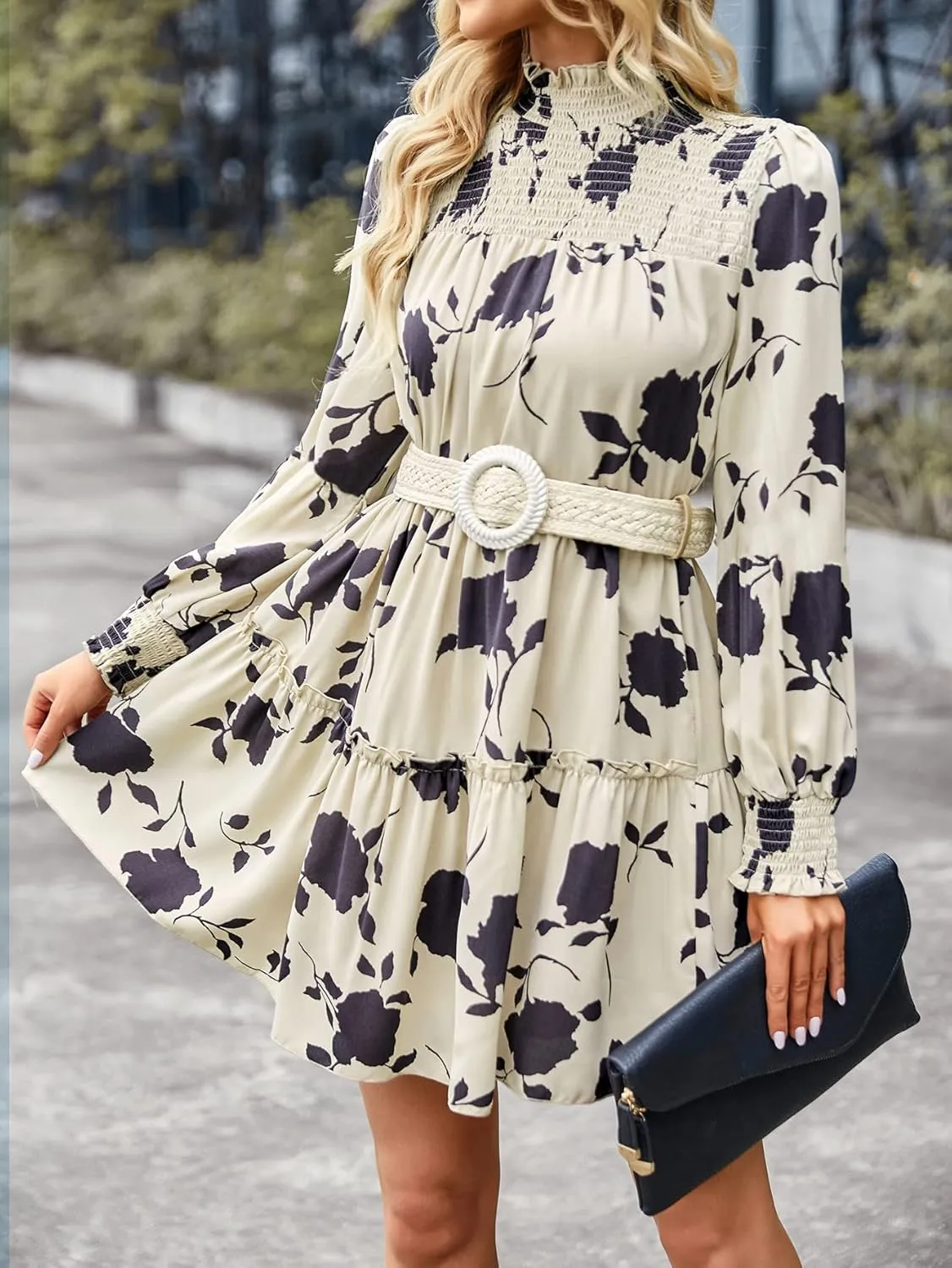 YOXUA Women's Mock Neck Casual Dress, Long Sleeve Floral Printed Shirred Front Ruffle Hem Mini Short Dress
