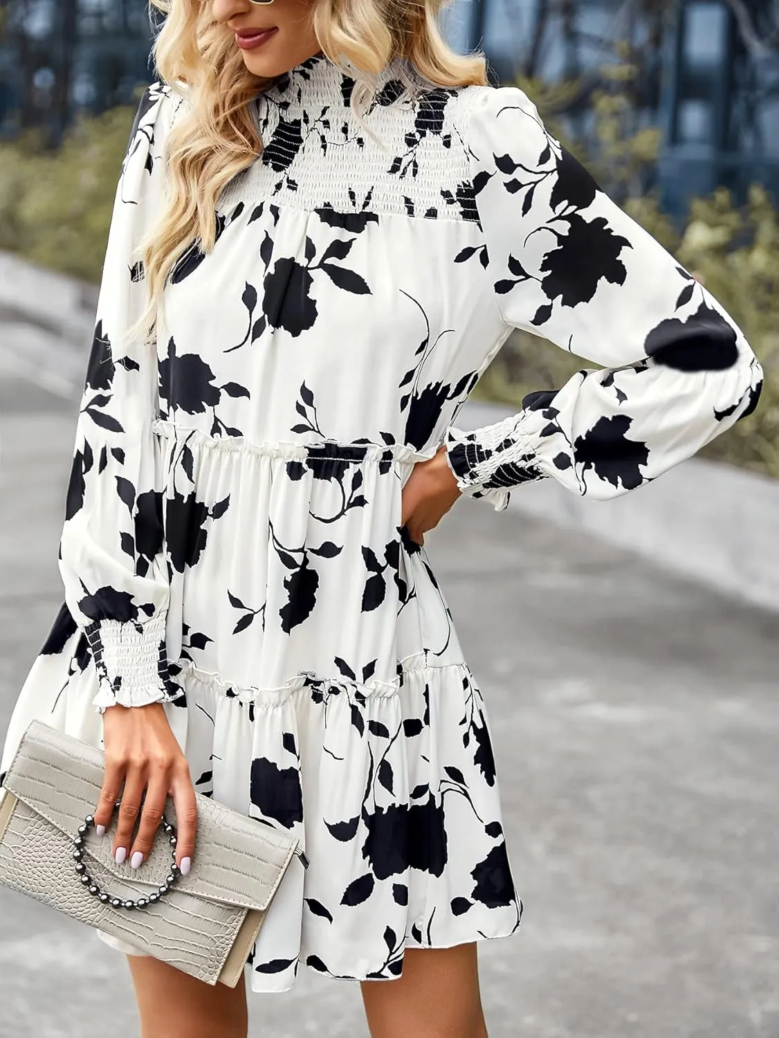 YOXUA Women's Mock Neck Casual Dress, Long Sleeve Floral Printed Shirred Front Ruffle Hem Mini Short Dress
