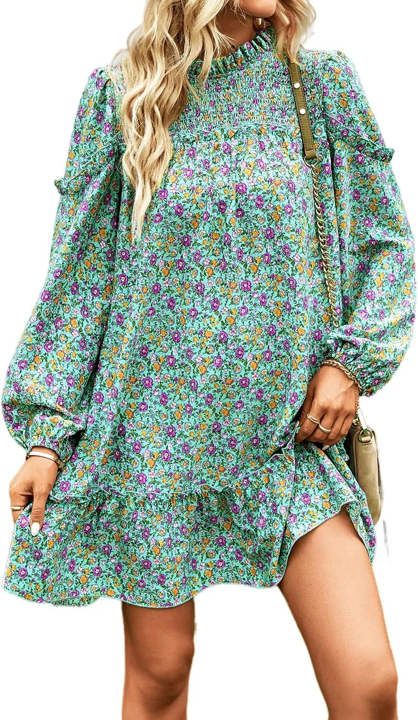 YOXUA Women's Mock Neck Loose Dress, Long Sleeve Floral Printed Shirred Front Ruffle Hem Mini Flowy Dress