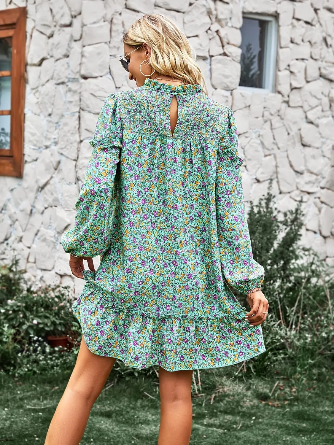 YOXUA Women's Mock Neck Loose Dress, Long Sleeve Floral Printed Shirred Front Ruffle Hem Mini Flowy Dress