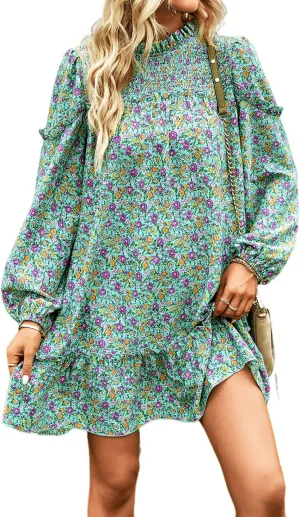 YOXUA Women's Mock Neck Loose Dress, Long Sleeve Floral Printed Shirred Front Ruffle Hem Mini Flowy Dress
