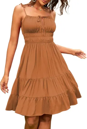 ZAFUL Womens Summer Spaghetti Strap Mini Dress Square Neck Sleeveless Smocked Waist Tiered Flowy Sundresses