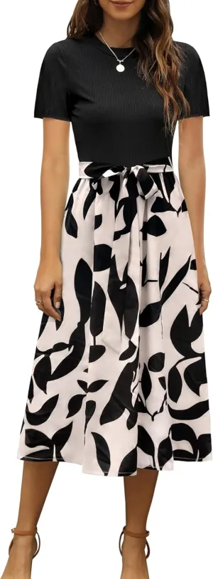 Zattcas Women 2025 Summer Dress Short Sleeve Ribbed Teacher Church Modest Business Casual Work Outfits Midi Dress