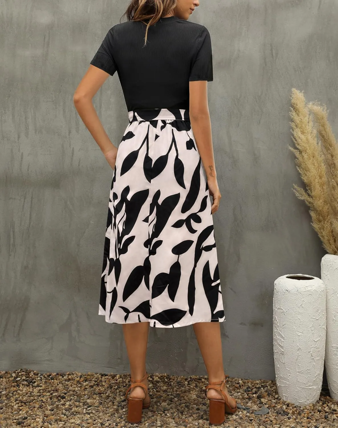 Zattcas Women 2025 Summer Dress Short Sleeve Ribbed Teacher Church Modest Business Casual Work Outfits Midi Dress