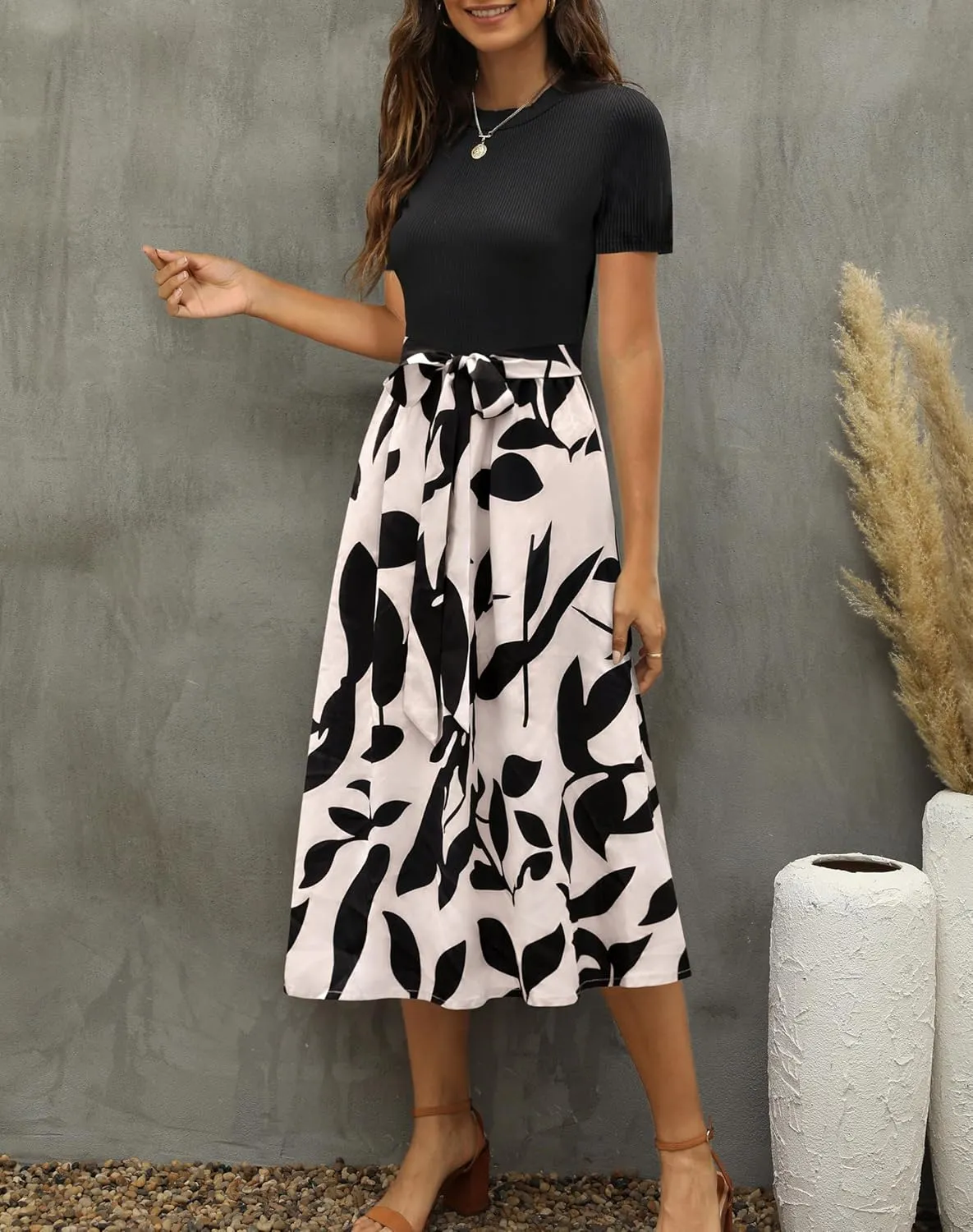 Zattcas Women 2025 Summer Dress Short Sleeve Ribbed Teacher Church Modest Business Casual Work Outfits Midi Dress