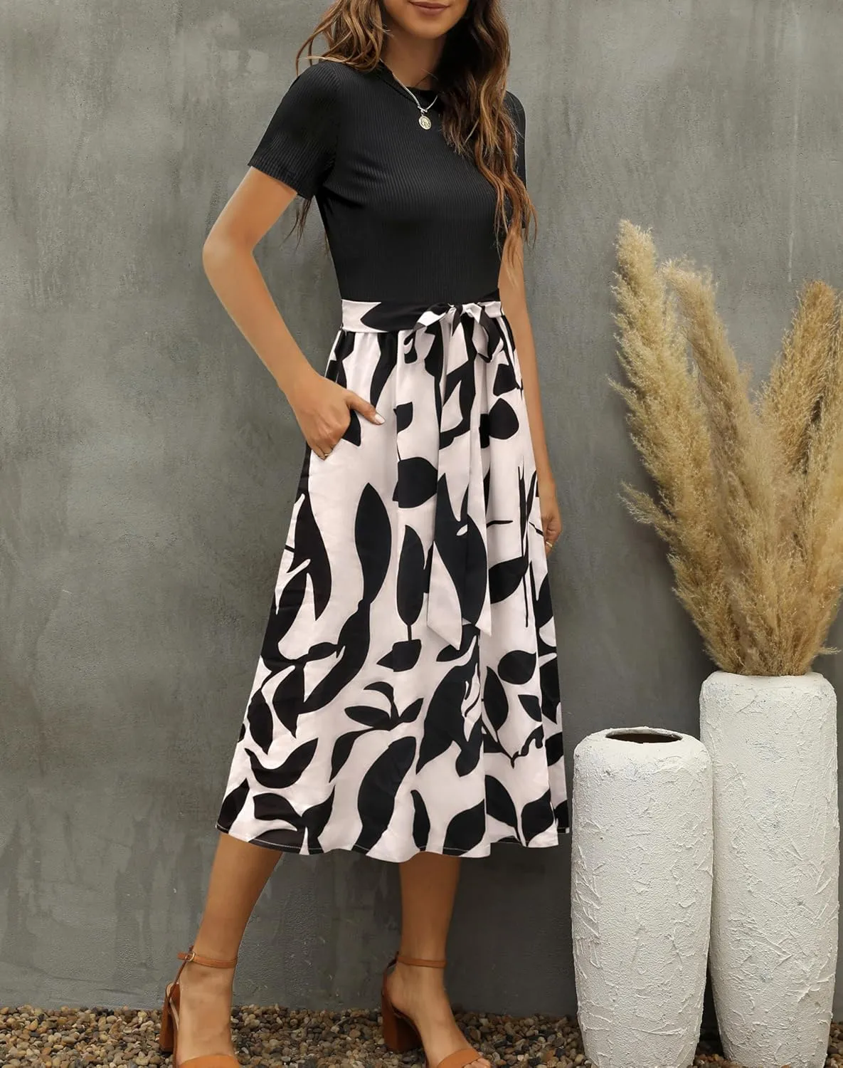 Zattcas Women 2025 Summer Dress Short Sleeve Ribbed Teacher Church Modest Business Casual Work Outfits Midi Dress