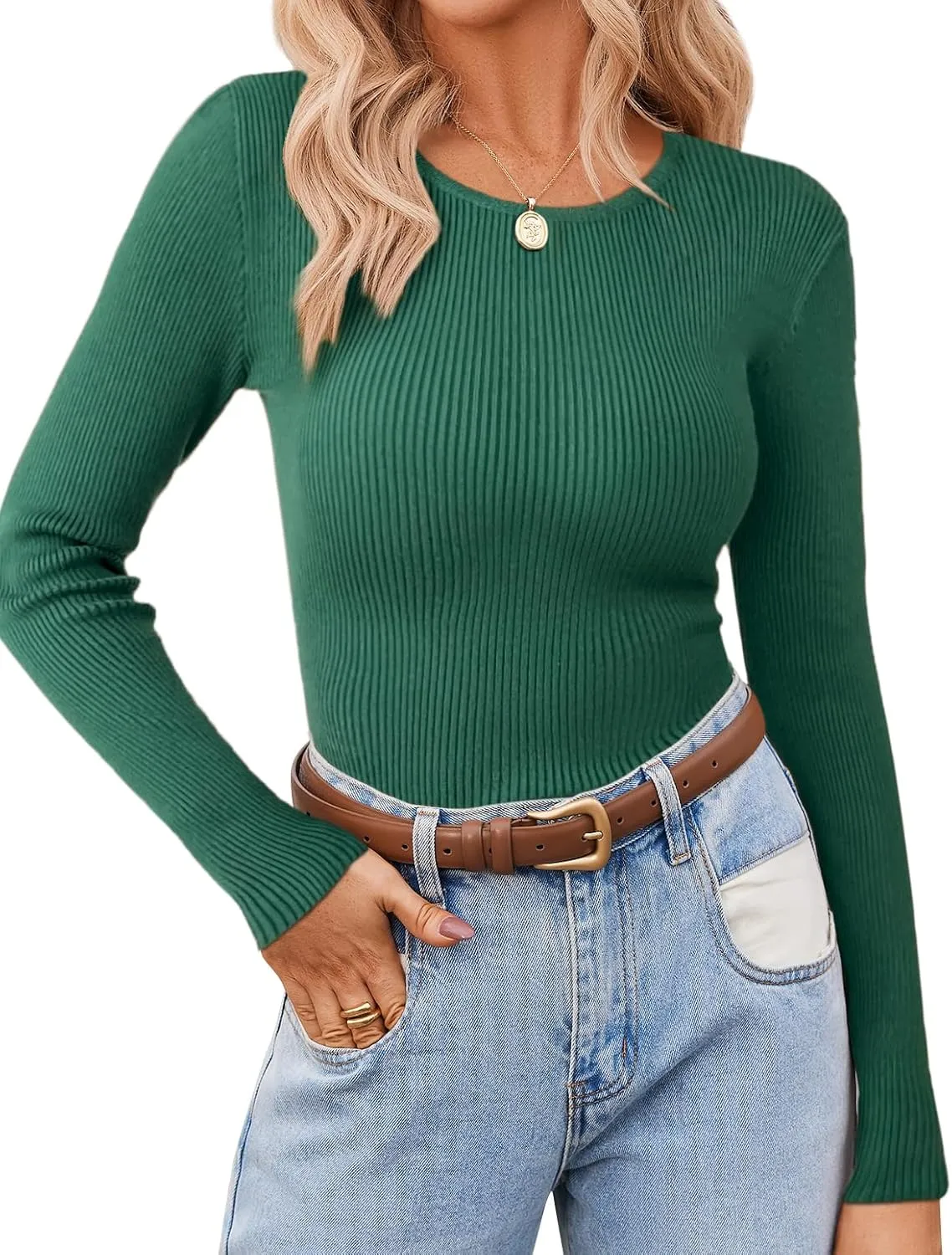 Zeagoo Women's Long Sleeve Ribbed Shirt 2025 Fall Knit Sweater Basic Slim Fit Tops Crewneck Cute Outfits