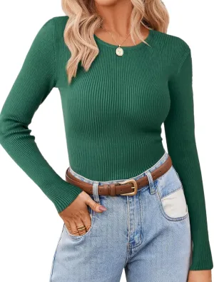 Zeagoo Women's Long Sleeve Ribbed Shirt 2025 Fall Knit Sweater Basic Slim Fit Tops Crewneck Cute Outfits