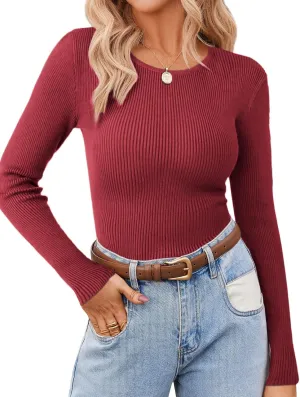 Zeagoo Women's Long Sleeve Ribbed Shirt 2025 Fall Knit Sweater Basic Slim Fit Tops Crewneck Cute Outfits