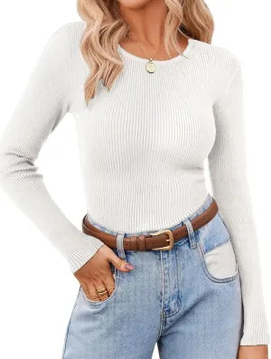 Zeagoo Women's Long Sleeve Ribbed Shirt 2025 Fall Knit Sweater Basic Slim Fit Tops Crewneck Cute Outfits