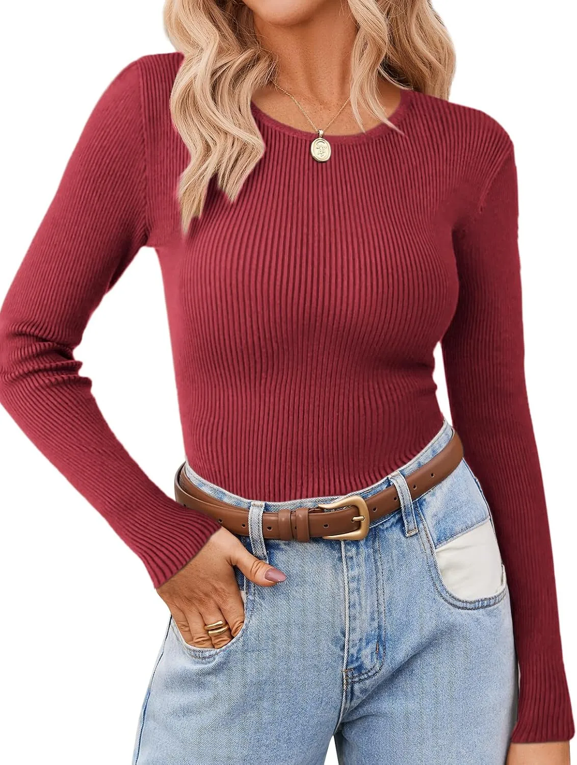 Zeagoo Women's Long Sleeve Ribbed Shirt 2025 Fall Knit Sweater Basic Slim Fit Tops Crewneck Cute Outfits