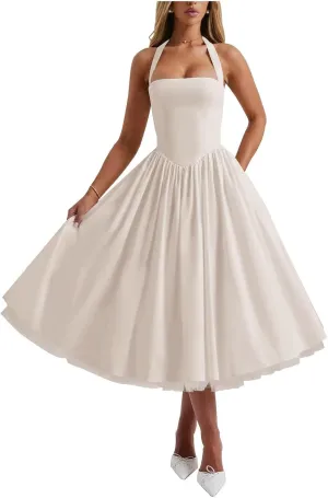 Zepumen Womens Halter Satin Prom Dresses 2025 Tea Length Ball Gowns A-Line Formal Evening Party Gowns