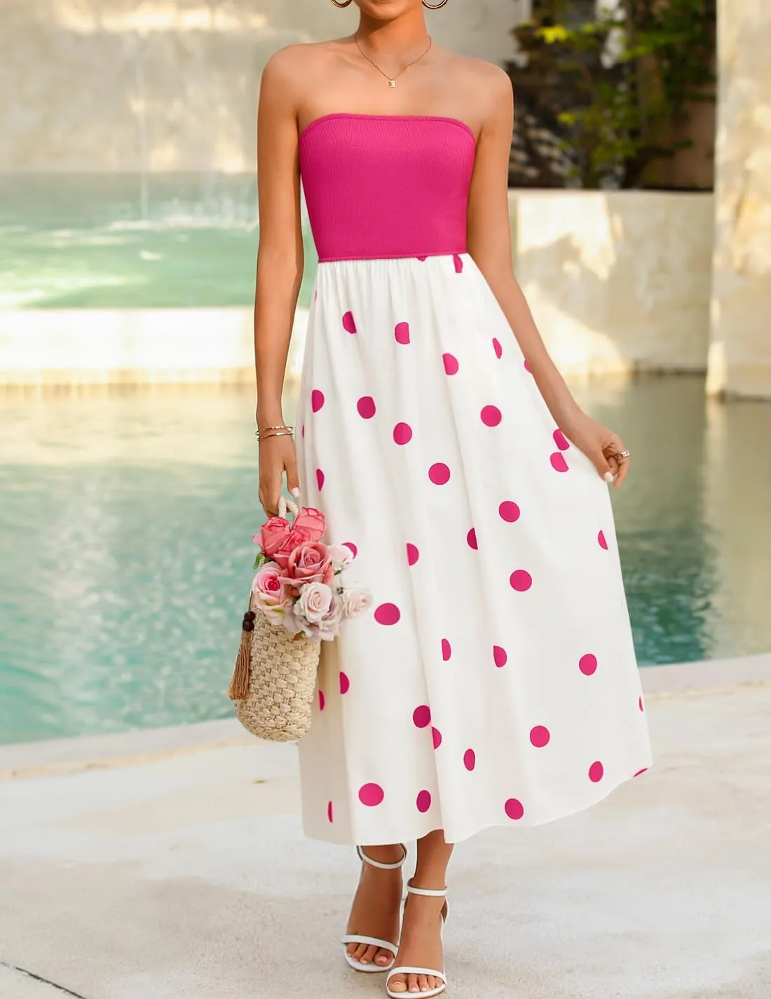 ZESICA Women's 2025 Summer Boho Strapless Midi Dress Off Shoulder Polka Dot Printed Flowy A Line Long Dresses with Pockets