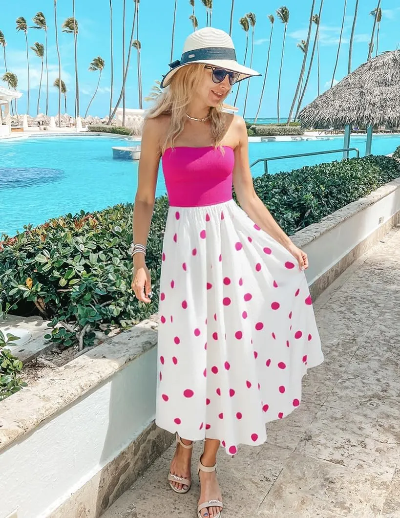 ZESICA Women's 2025 Summer Boho Strapless Midi Dress Off Shoulder Polka Dot Printed Flowy A Line Long Dresses with Pockets