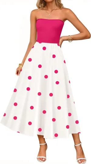 ZESICA Women's 2025 Summer Boho Strapless Midi Dress Off Shoulder Polka Dot Printed Flowy A Line Long Dresses with Pockets