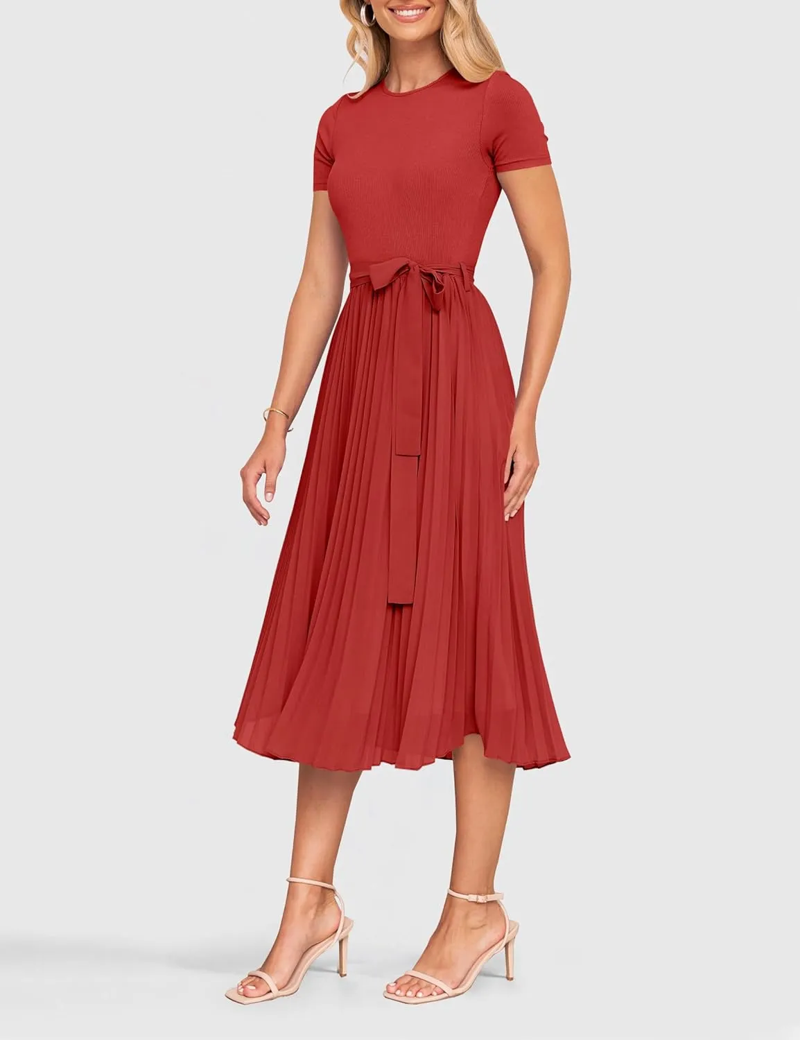 ZESICA Womens 2025 Summer Short Sleeve Midi Dresses Casual Crew Neck Knit Belted Pleated A Line Flowy Wedding Guest Dress