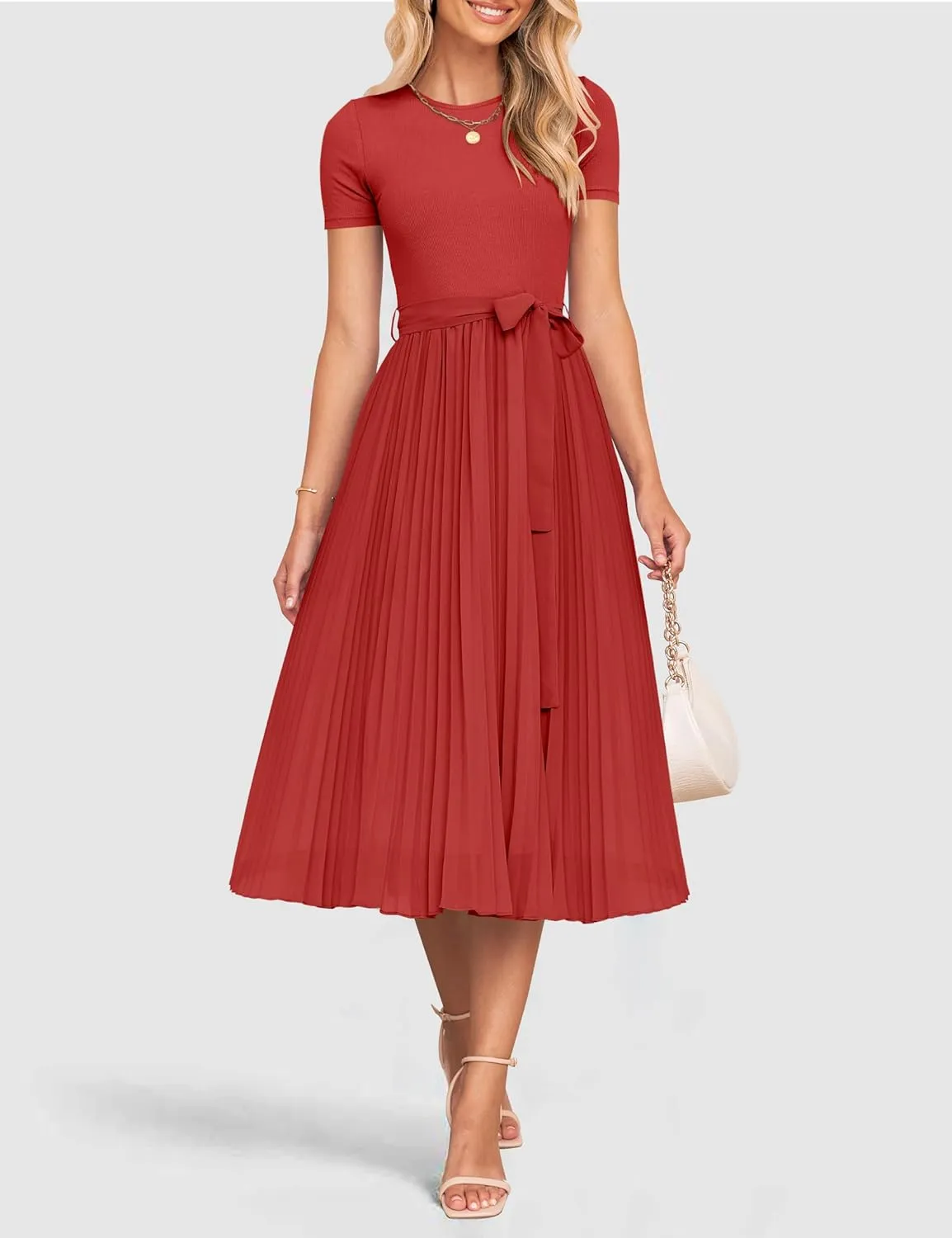 ZESICA Womens 2025 Summer Short Sleeve Midi Dresses Casual Crew Neck Knit Belted Pleated A Line Flowy Wedding Guest Dress