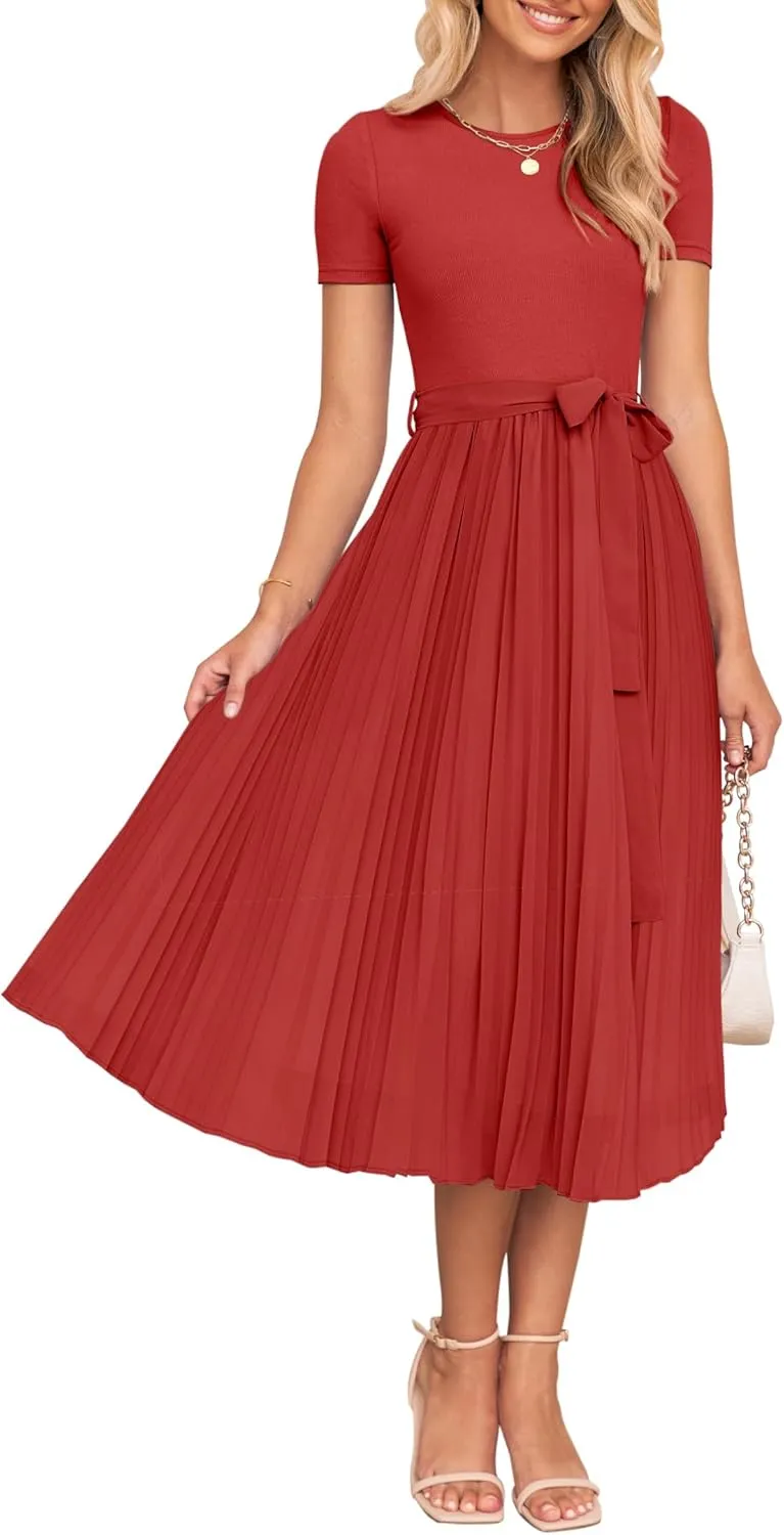 ZESICA Womens 2025 Summer Short Sleeve Midi Dresses Casual Crew Neck Knit Belted Pleated A Line Flowy Wedding Guest Dress