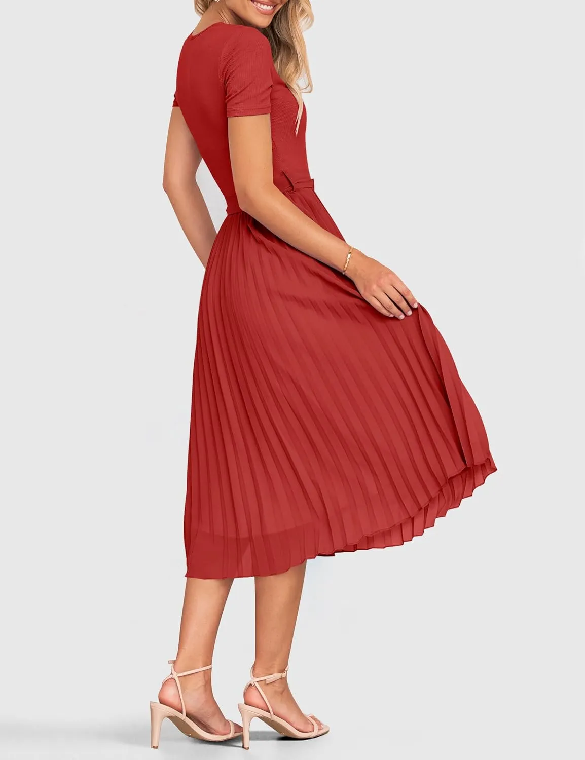 ZESICA Womens 2025 Summer Short Sleeve Midi Dresses Casual Crew Neck Knit Belted Pleated A Line Flowy Wedding Guest Dress