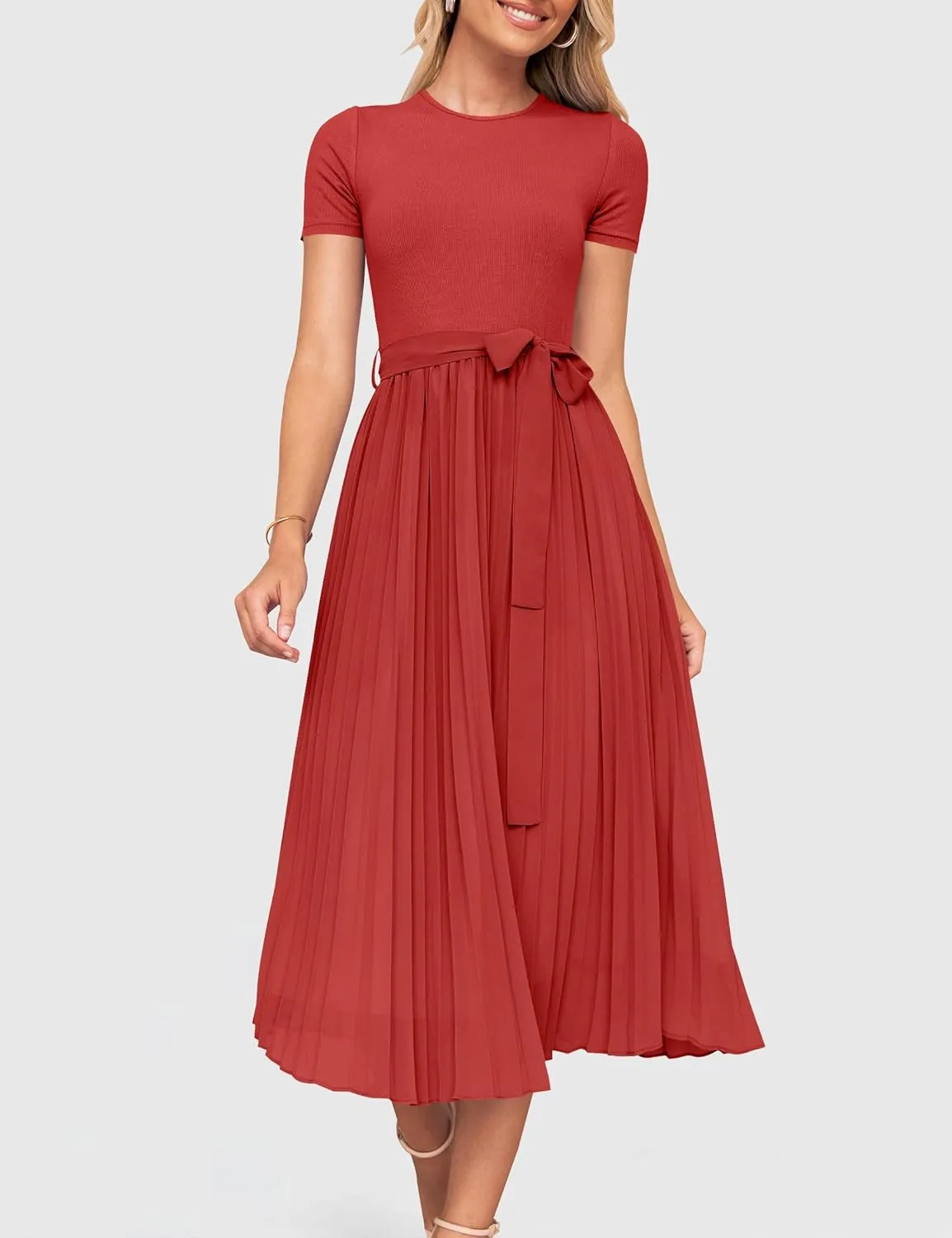ZESICA Womens 2025 Summer Short Sleeve Midi Dresses Casual Crew Neck Knit Belted Pleated A Line Flowy Wedding Guest Dress
