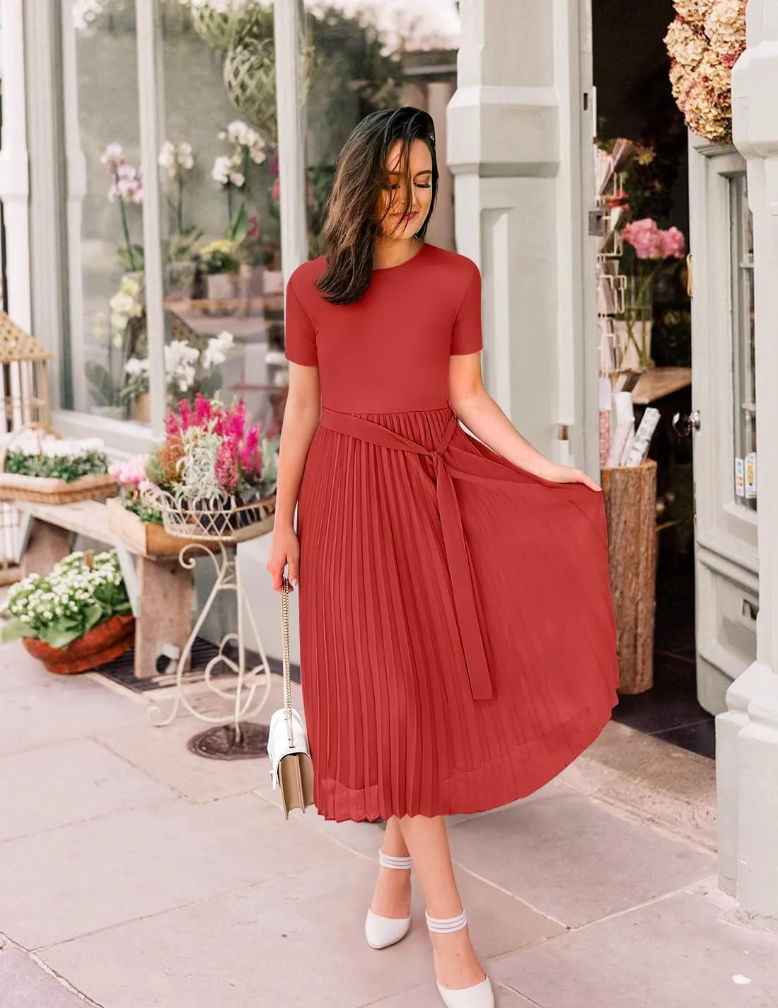 ZESICA Womens 2025 Summer Short Sleeve Midi Dresses Casual Crew Neck Knit Belted Pleated A Line Flowy Wedding Guest Dress