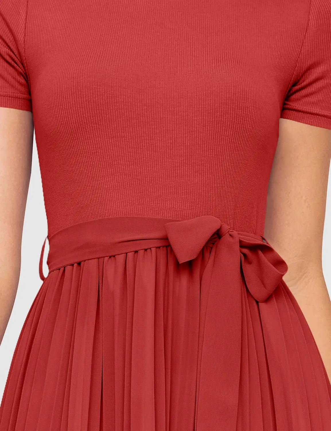 ZESICA Womens 2025 Summer Short Sleeve Midi Dresses Casual Crew Neck Knit Belted Pleated A Line Flowy Wedding Guest Dress