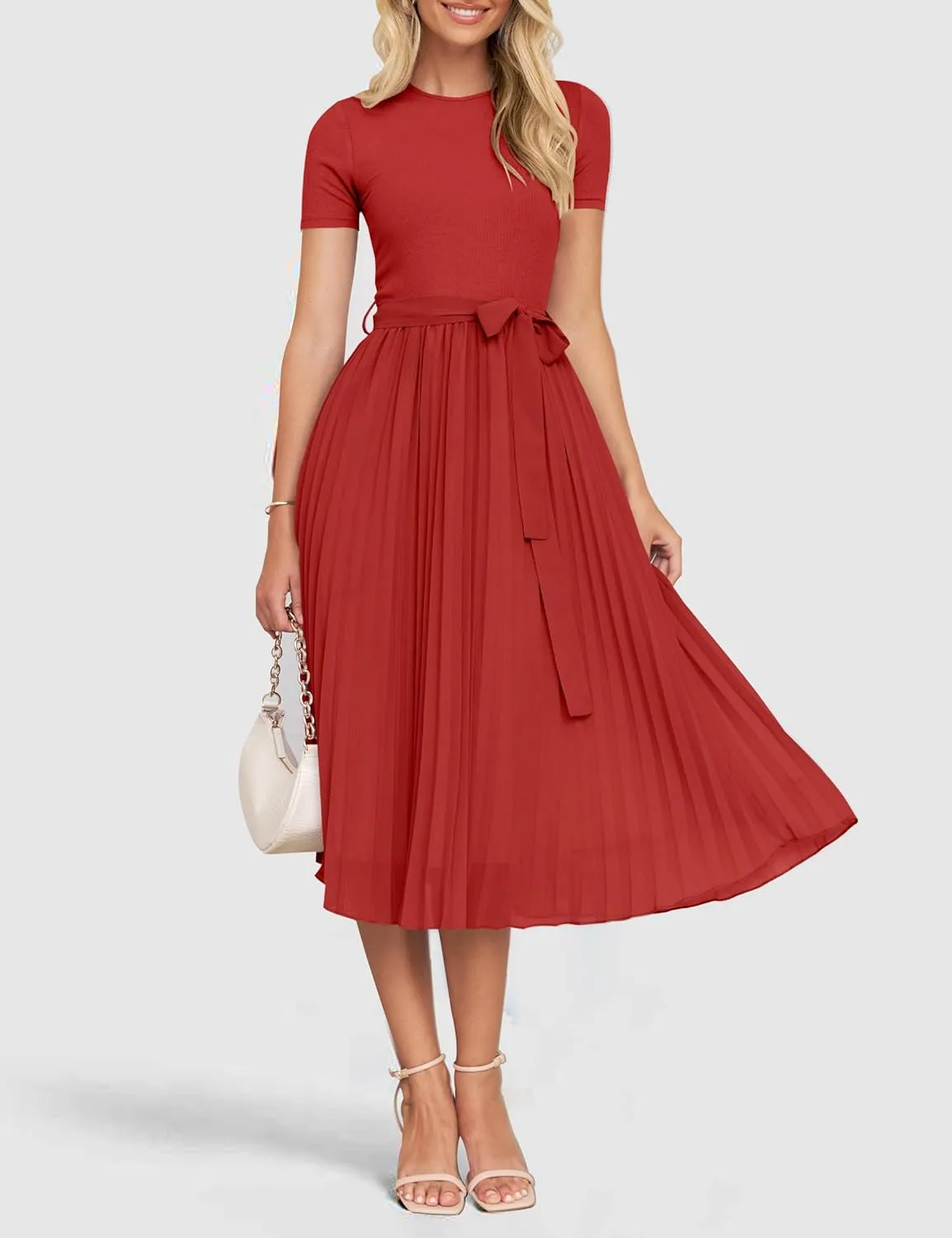 ZESICA Womens 2025 Summer Short Sleeve Midi Dresses Casual Crew Neck Knit Belted Pleated A Line Flowy Wedding Guest Dress