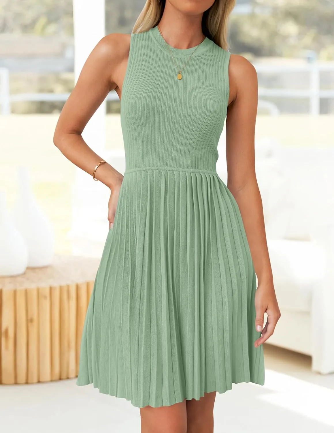 ZESICA Women's Summer Sleeveless Mini Dress 2025 Crewneck Knit A Line Pleated Swing Casual Basic Short Dress