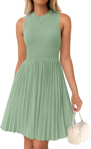 ZESICA Women's Summer Sleeveless Mini Dress 2025 Crewneck Knit A Line Pleated Swing Casual Basic Short Dress