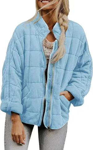 Zip Up Women's Diamond Quilted Jackets Warm Winter 2023 Western Quilted Coats Classic Long Sleeve Cotton Padded Down